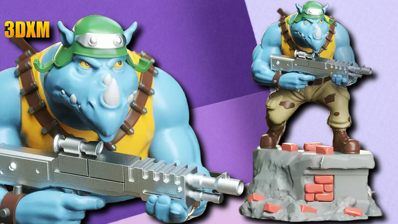 Blue Rhino Mutant Warrior 3D Printed Figurine | Retro Cartoon Inspired Desktop Statue